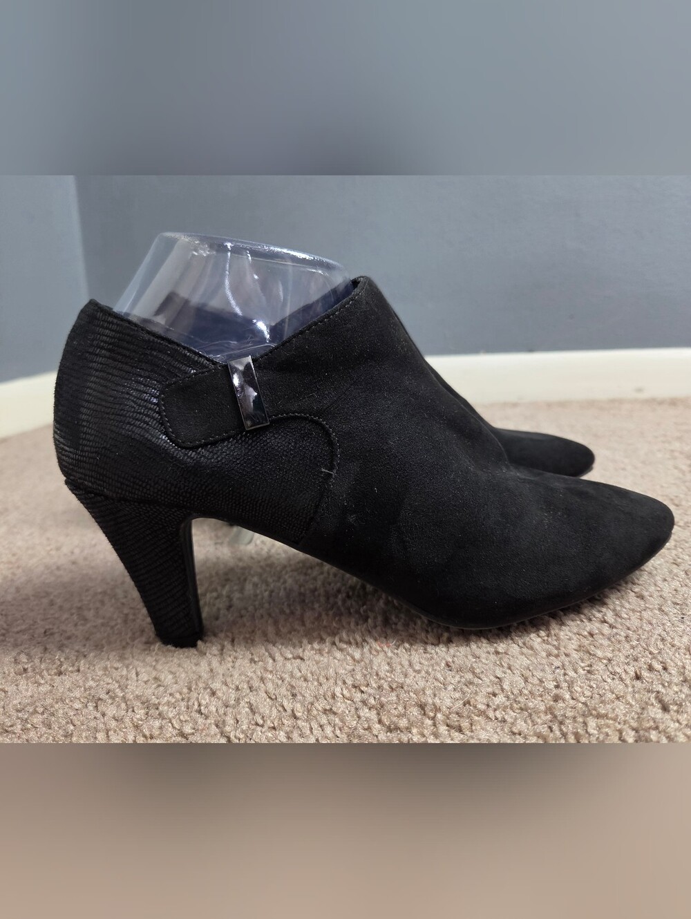 Black Women's Suede Ankle Bootie with Decorative Buckle